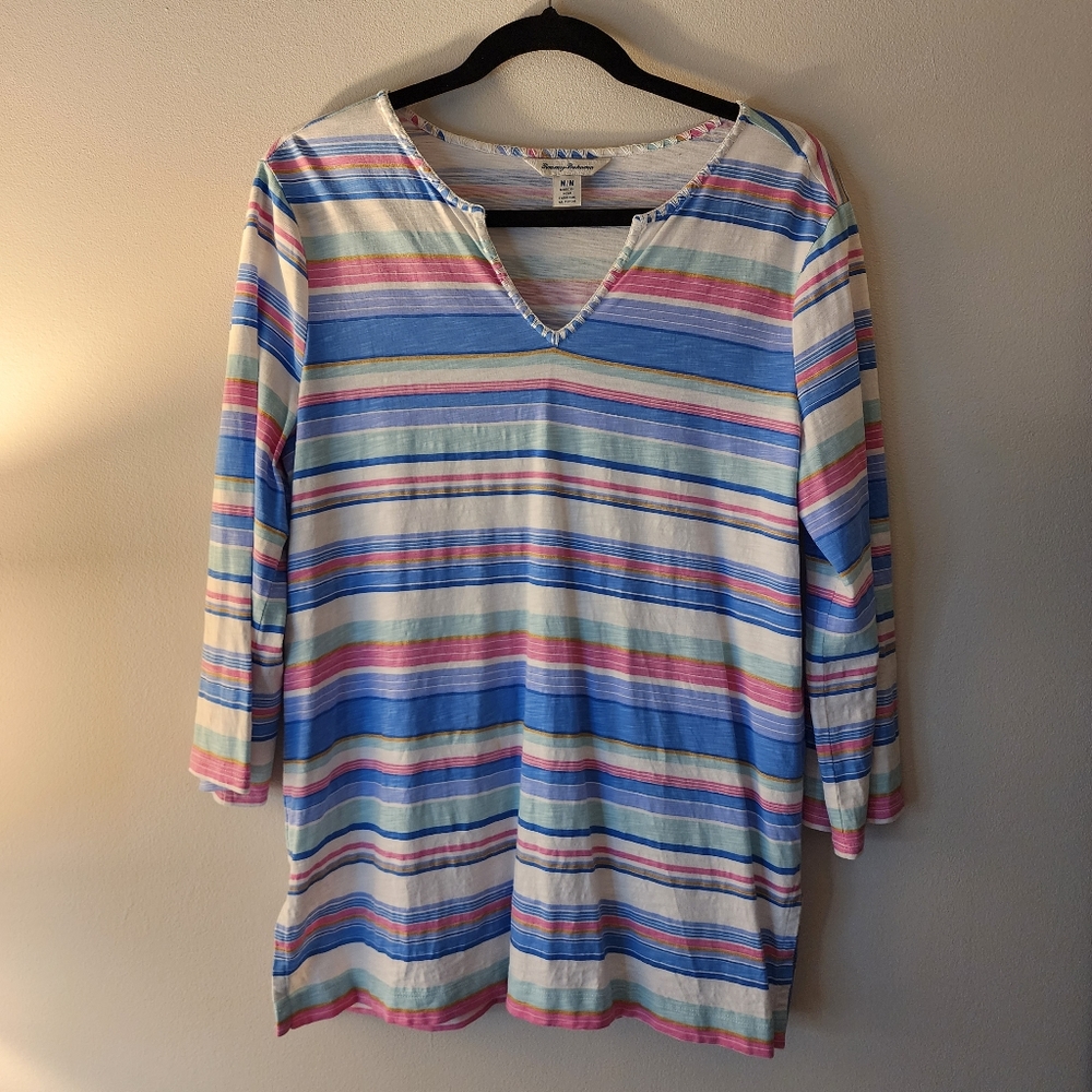 Tommy Bahama Cotton Striped Tunic Tee Top Stitch Blue Pink Green Gold Metallic